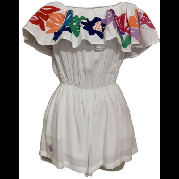 J.Marie Pants - J.Marie Women’s Embroidered White Romper Tropical‎ Flowers & Birds XSmall